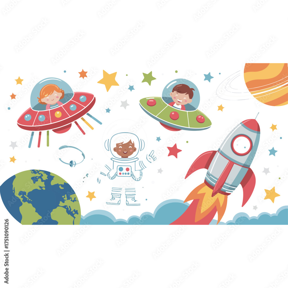 Fototapeta premium Kids in Space Adventure with UFOs and Rockets Vector Illustration