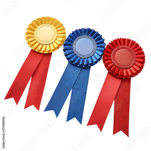 Three colorful award ribbons for competition victory and achievement recognition isolated on transparent background