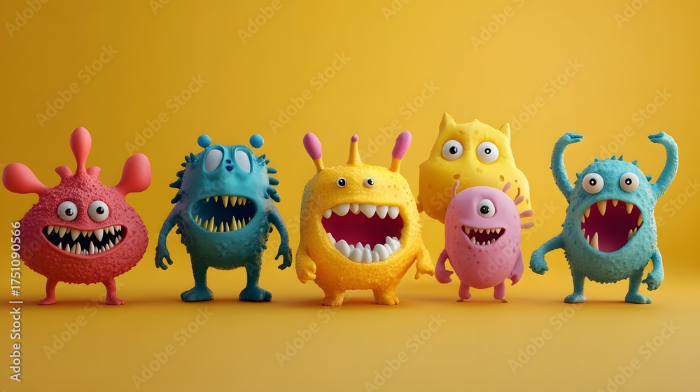 Obraz premium 3D render of six colorful, cartoon monsters posed on a yellow background.