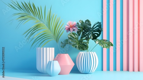 3D render showcases minimalist vases with plants against a blue and pink striped background.