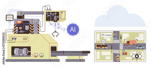 Industrial AI system processing data to optimize traffic schematic city design with vehicles, streets, and infrastructure. Ideal for AI, automation, technology, traffic management, smart cities