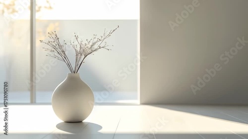 Minimalist Ceramic Vase with Dried Branches in Soft Sunlight.