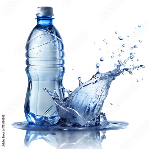 Refreshing water bottle splash dynamic liquid freeze motion studio shot isolated on transparent background
