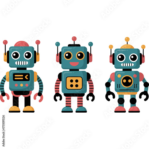 Cute Cartoon Robot Character Set Modern AI and Technology Vector Illustration
