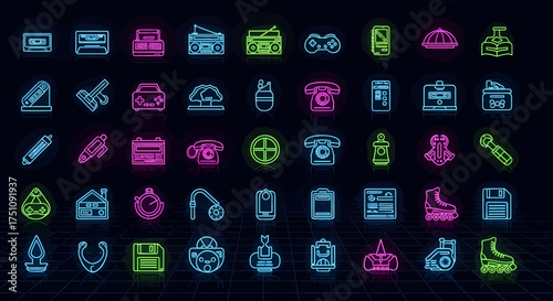 A vibrant set of glowing neon line icons representing retro 80s and 90s technology and lifestyle objects