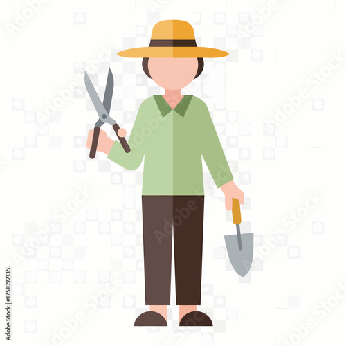 Gardener with tools A flat vector illustration of a farmer with his gardening tools, isolated on a white background