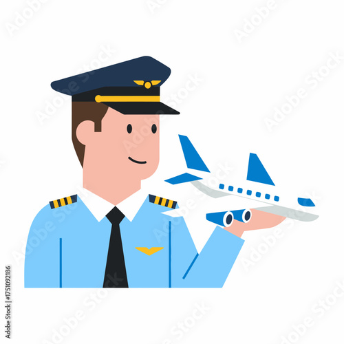 Smiling airline pilot in uniform proudly presents a miniature passenger airplane, embodying the spirit of flight, professionalism, and the dream of aviation for global travel