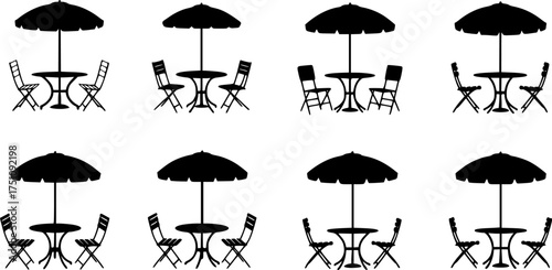 patio table with umbrella cafe chair table umbrela set set of silhouette. patio table with umbrella cafe chair table umbrela set icon set vector on white background