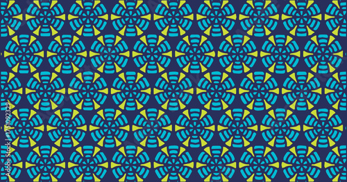 Blue geometric seamless pattern with circular mosaic elements forming a decorative abstract background.