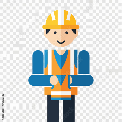 A simple flat design icon of a male construction worker or engineer wearing a yellow safety helmet and an orange vest, representing industry and labor