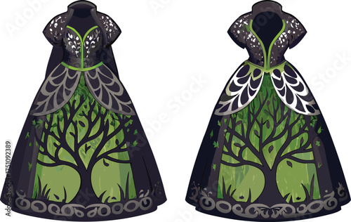 Two fantasy dresses with tree and leaf motifs gown