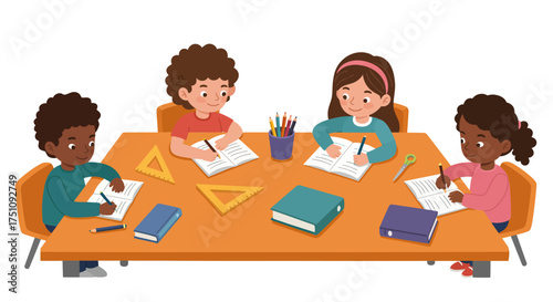 Diverse Group of Children Studying Together at a Table
