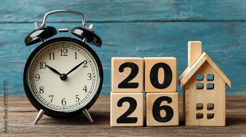 Centered alarm clock & 2026 house: blue-wood void & top copy space, feminine brand or zen website hero backdrop