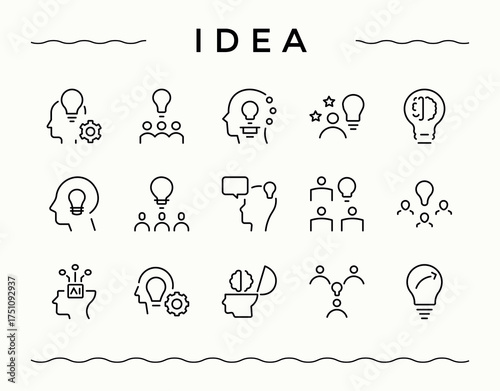 Idea icon collection. Minimal icons pack. Pixel perfect. Vector illustration. Brain simple icon set. It contains symbols to brainstorm, creative, ai, light, creativity, innovation, thinking and more.