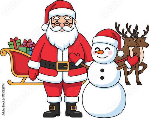 AdoAn expressive vector graphic showcasing the beloved figures of the Christmas season: a smiling Santa, a joyful snowman, a sleigh with presents, and two reindeer, symbolizing holiday cheer