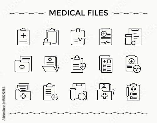 Medical File icon set. Pharmaceutical icon set. Minimal icons set. Contain linear sign. Signs for web and mobile app.