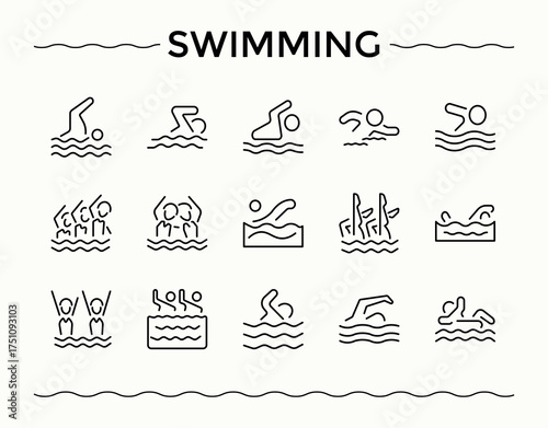 Swimming icon set. Swimming line icon set. Web icons pack. Contains such icons as swimmer, shower, pool, beach, swimwear and more. Editable vector stroke.