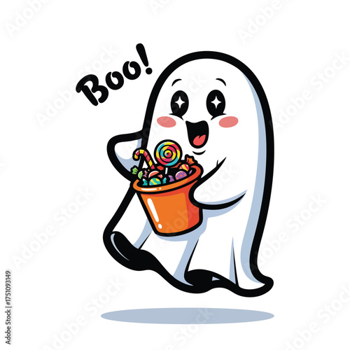 Cute ghost carrying a bucket full of halloween candies