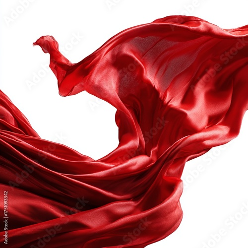 A stunning piece of flowing red fabric, elegantly captured in motion. The silk-like material billows and swirls, creating a captivating display of form and color.