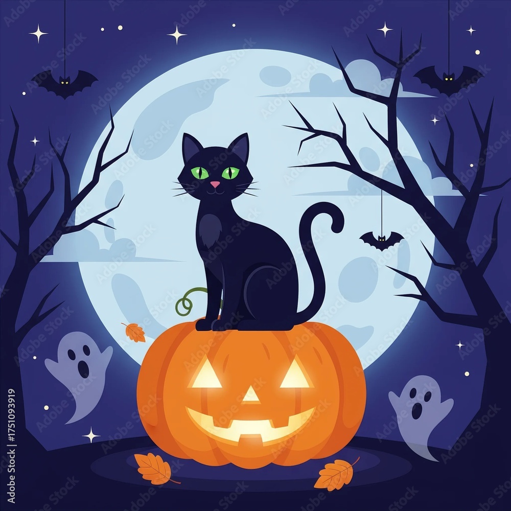 Fototapeta premium Flat style illustration of black cat sitting on pumpkin