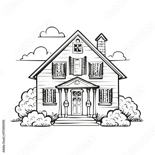 Hand drawn sketch of a classic colonial style house front exterior coloring page illustration