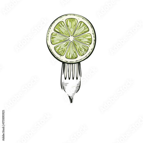 Whimsical lime slice on fork creates a fresh and tangy graphic concept of food and eating with illustration style