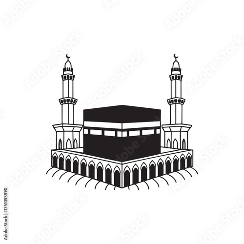 Kaaba and Minarets Islamic Holy Site Line Art