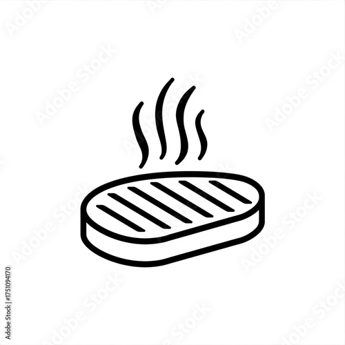 Illustration of a grilled steak with grill marks and rising steam in black outline