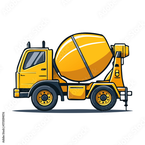 Yellow cartoon cement mixer truck heavy construction vehicle isolated side view