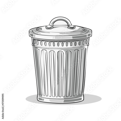 Illustration of a metal trash can with a lid, classic waste container.