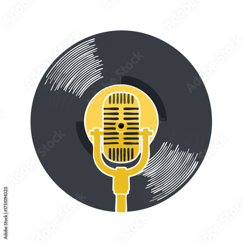 Vintage yellow microphone and vinyl record illustration for podcast music and radio broadcast