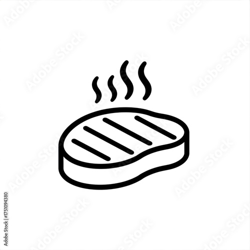 Illustration of a grilled steak with grill marks and rising steam in black outline