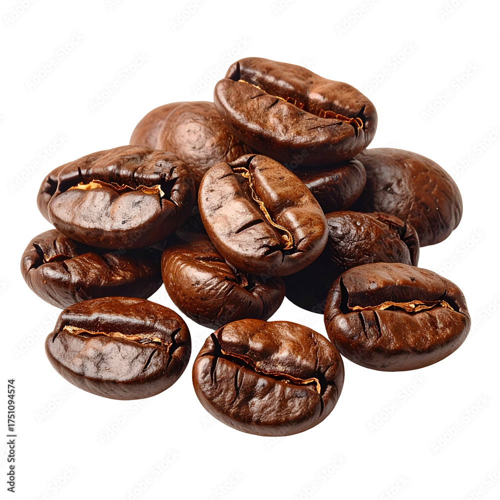 Obraz premium A close-up of roasted coffee beans, piled together against a transparent background