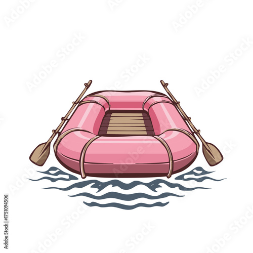 Pink inflatable raft illustration with paddles and simple water design