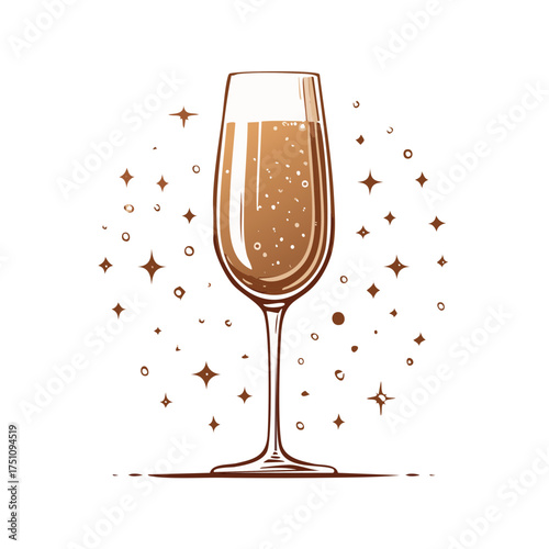 Festive Champagne Flute with Golden Bubbles and Sparkles Illustration