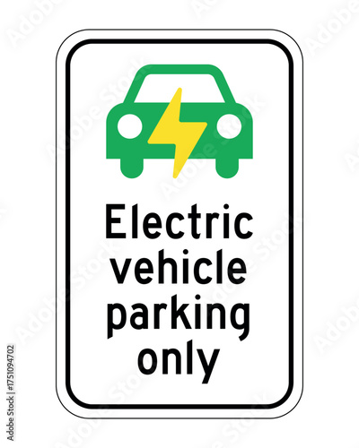 Electric Vehicle Parking Only Sign with Green Car and Lightning Bolt – High-Quality Vectorial Stock Image