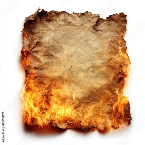 A vintage parchment ablaze with vibrant flames, its edges crisped and smoldering