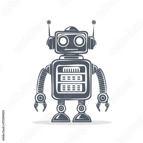 Cute retro style robot illustration. Robotic character with antennas and claw hands. Cartoon artificial intelligence.