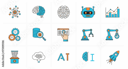 Artificial Intelligence and Data Technology Icon Set  AI, Robot, Machine Learning Vector Illustration
