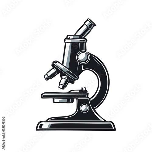 Detailed black and white illustration of a research microscope for scientific analysis.