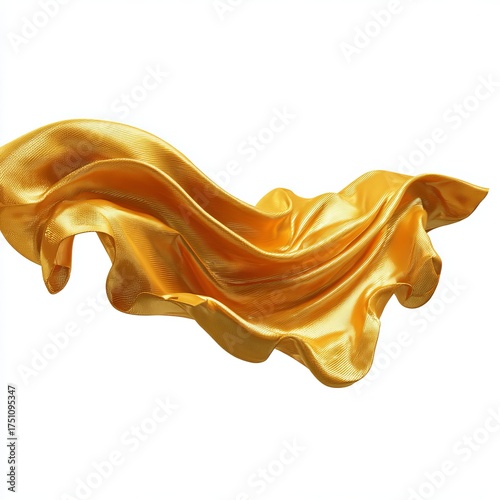 A golden fabric gracefully flowing through the air, creating an elegant display. The fabric's smooth texture and rich color bring a sense of luxury and movement