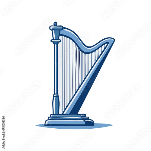 Elegant blue harp illustration with vertical strings and classic design