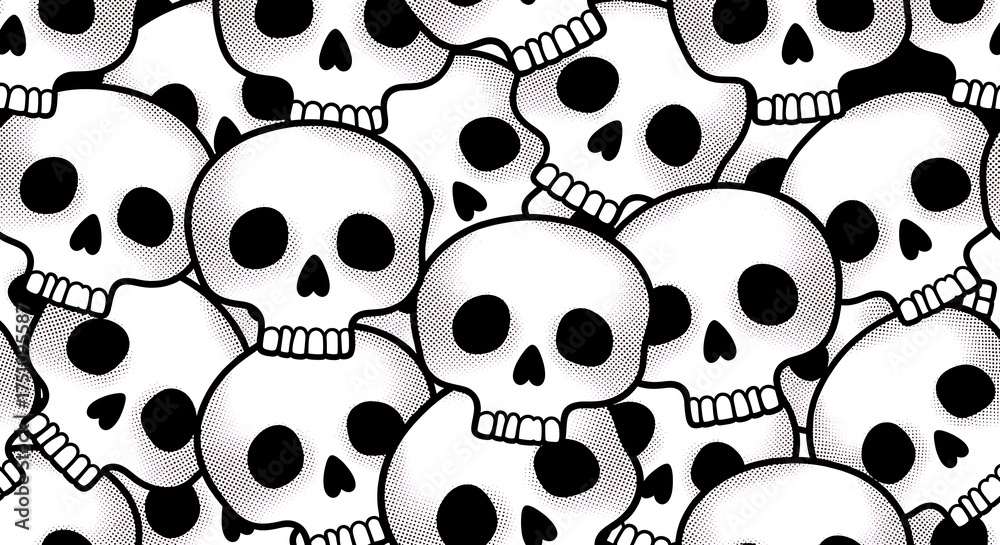 Seamless Pattern of Cartoon Skulls Halloween Theme.