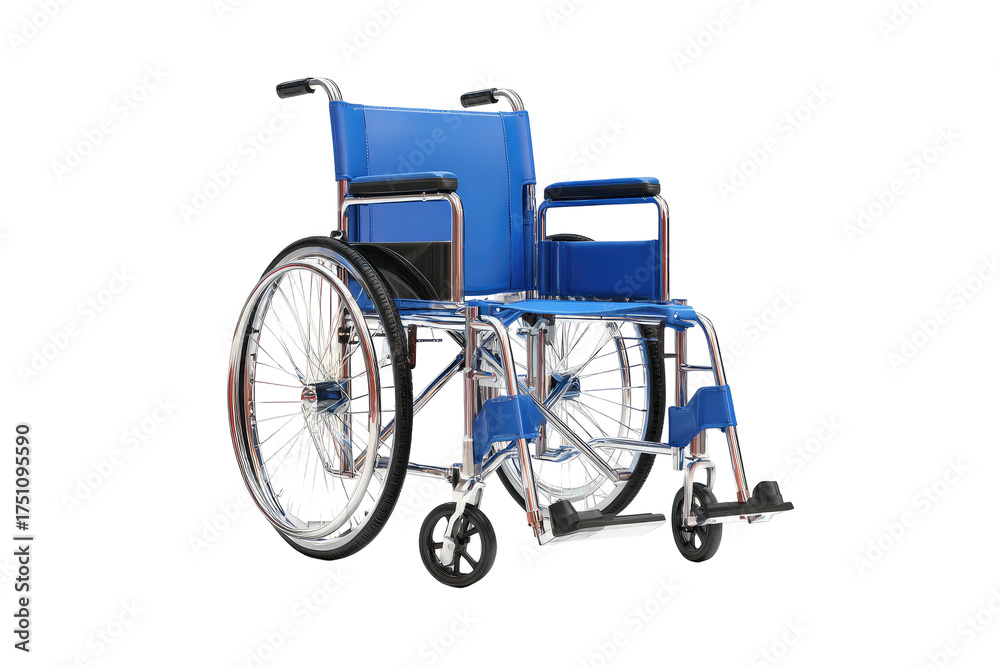 Fototapeta premium A blue and silver wheelchair with large wheels and a black background