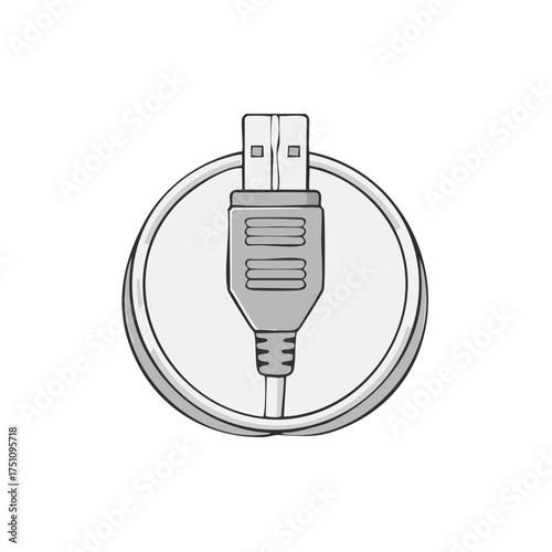 Stylized icon of a USB connector and cable inside a circular frame, modern technology symbol