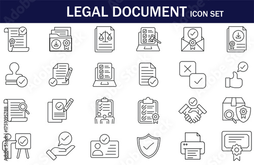 Legal document icon set in modern line style. Includes contract, signature, certificate, approval, and agreement icons. Perfect for law, business, and corporate document design projects.