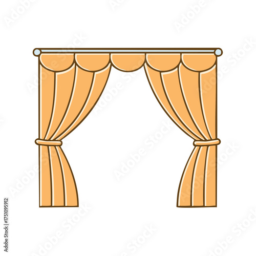 Simple cartoon illustration of yellow curtains with tiebacks on a rod. Stage drapes or window treatment icon.