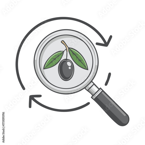 Olive branch under a magnifying glass with recycle arrows pointing back.