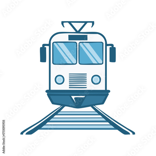 Cartoon tramway front view, train on rails, urban transportation design