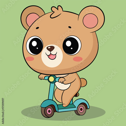 Cute teddy bear riding scooter cartoon vector illustration